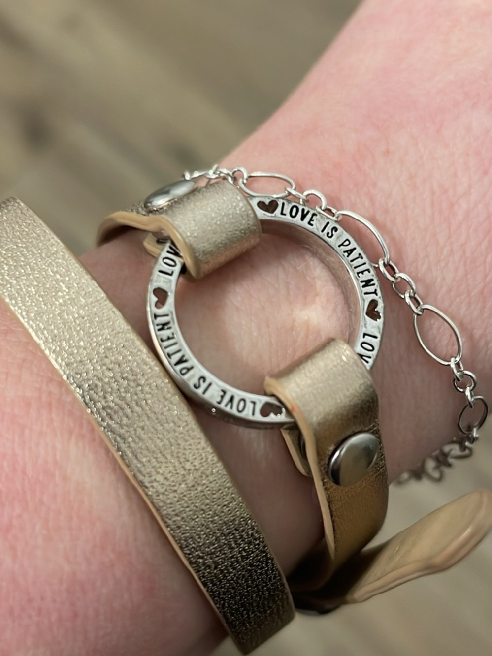 Origami Owl Wrap Around Leather Bracelet “Love is Patient” & “Blessed” Rose Gold